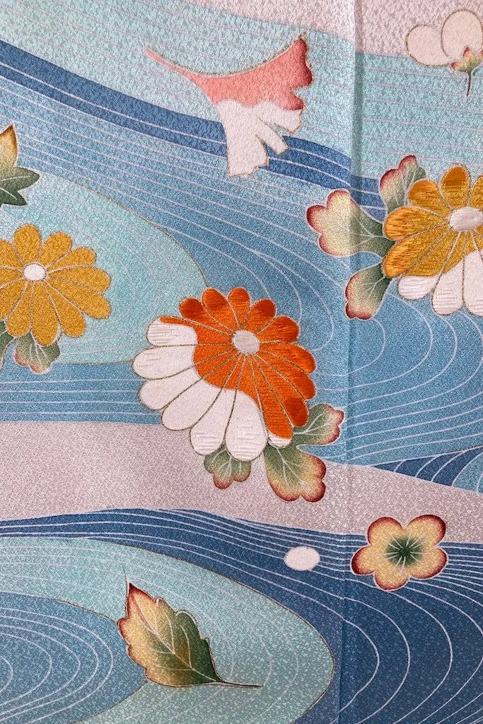Vintage Blue Rivers Silk Kimono Robe