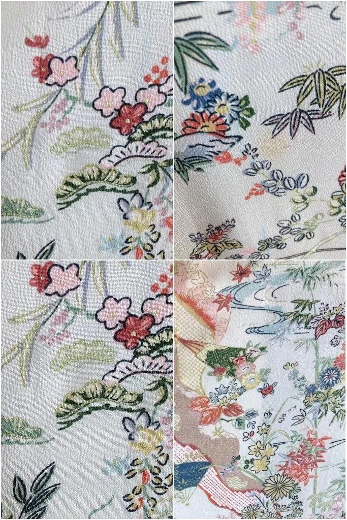 Vintage Light Grey Green Floral Silk Kimono Robe