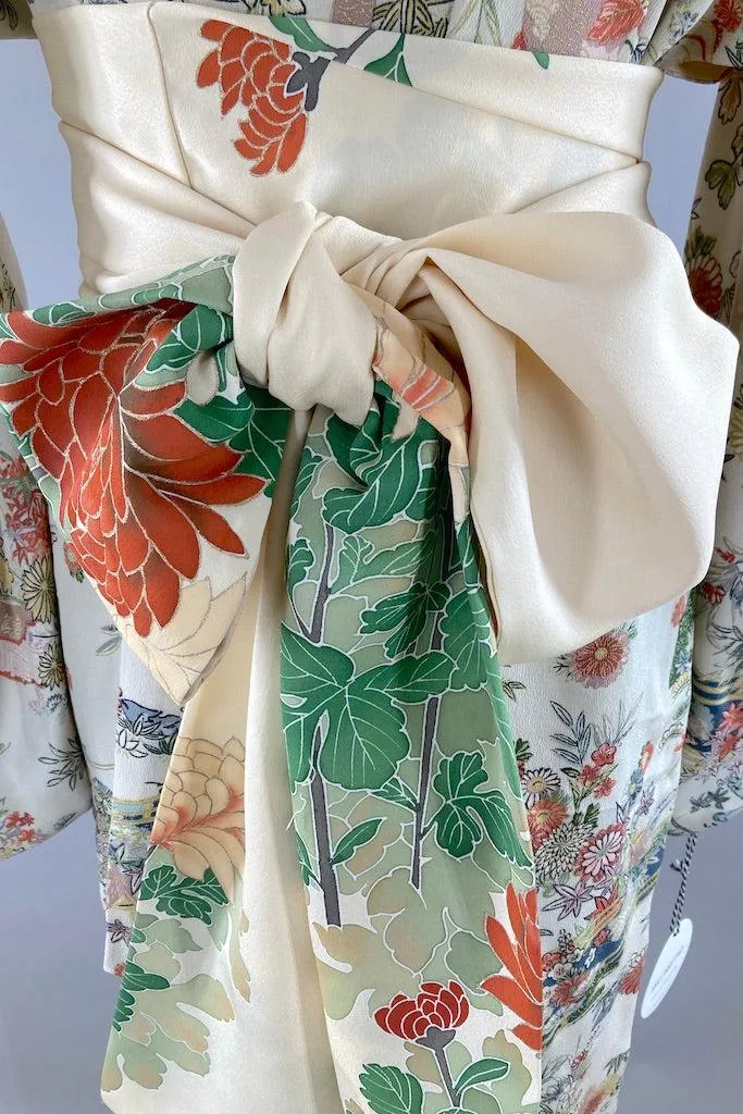 Vintage Light Grey Green Floral Silk Kimono Robe