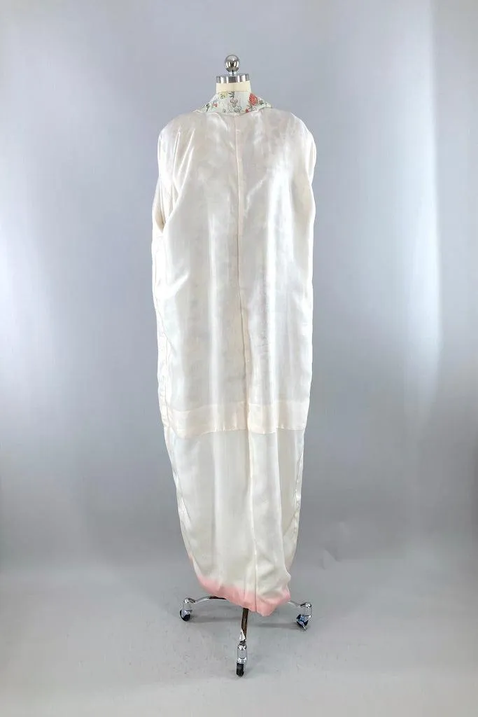 Vintage Light Grey Green Floral Silk Kimono Robe