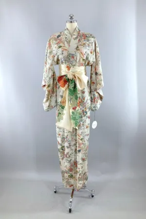 Vintage Light Grey Green Floral Silk Kimono Robe