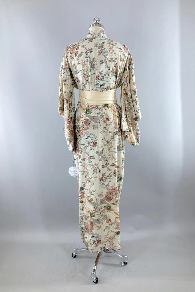 Vintage Light Grey Green Floral Silk Kimono Robe