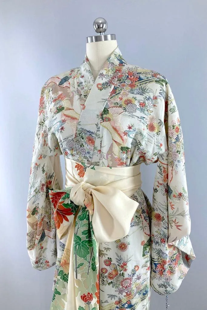 Vintage Light Grey Green Floral Silk Kimono Robe