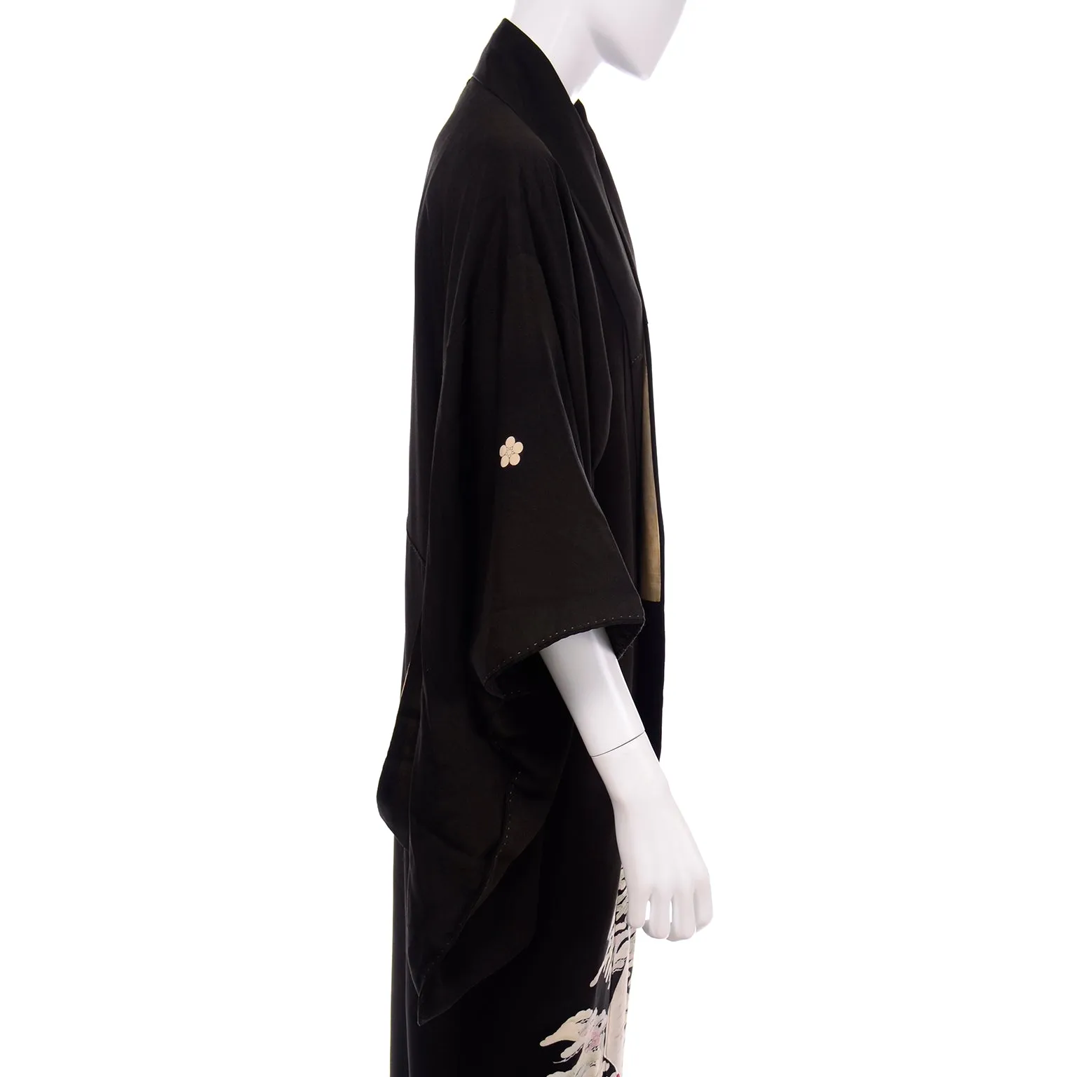 Vintage Long Black Silk Tomesode Japanese Kimono W Mon and Cranes