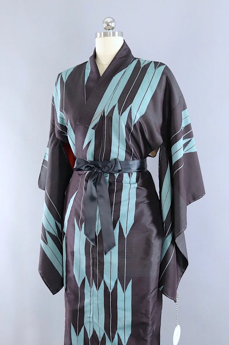 Vintage Silk Kimono Robe / Black & Blue Arrows