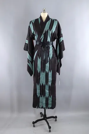 Vintage Silk Kimono Robe / Black & Blue Arrows