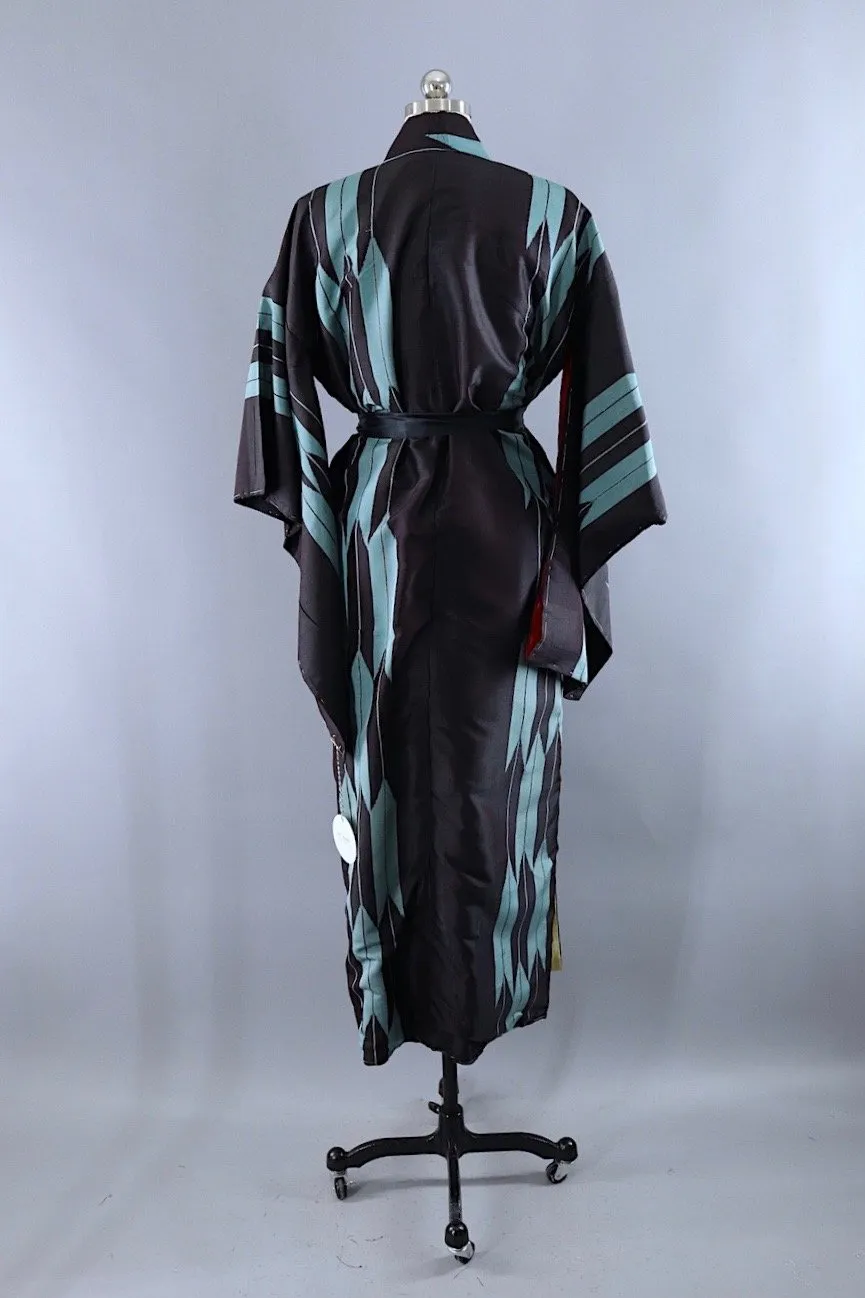 Vintage Silk Kimono Robe / Black & Blue Arrows