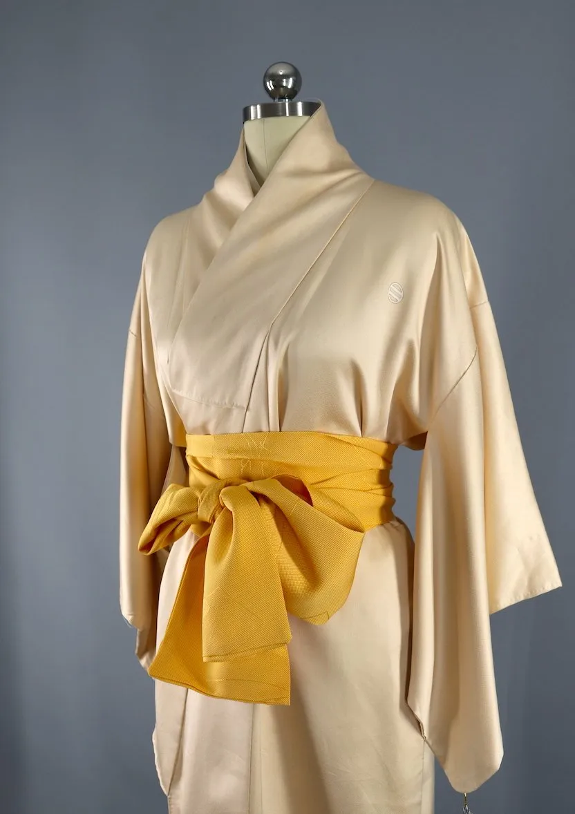 Vintage Silk Kimono Robe / Gold Mimosa and Crane Bird Print