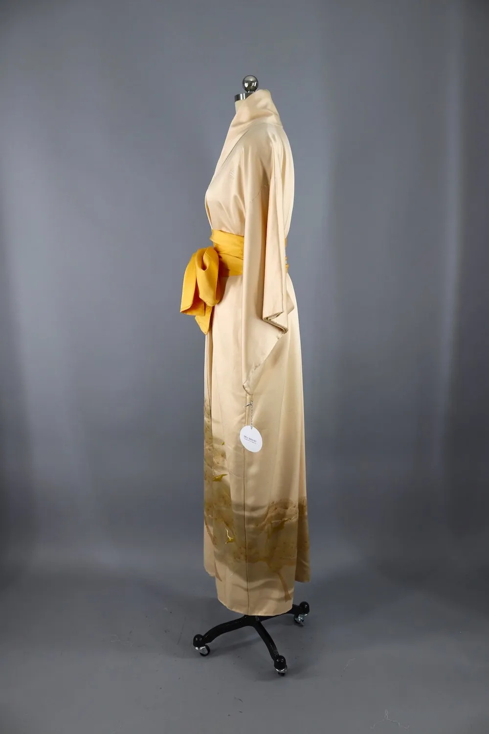 Vintage Silk Kimono Robe / Gold Mimosa and Crane Bird Print