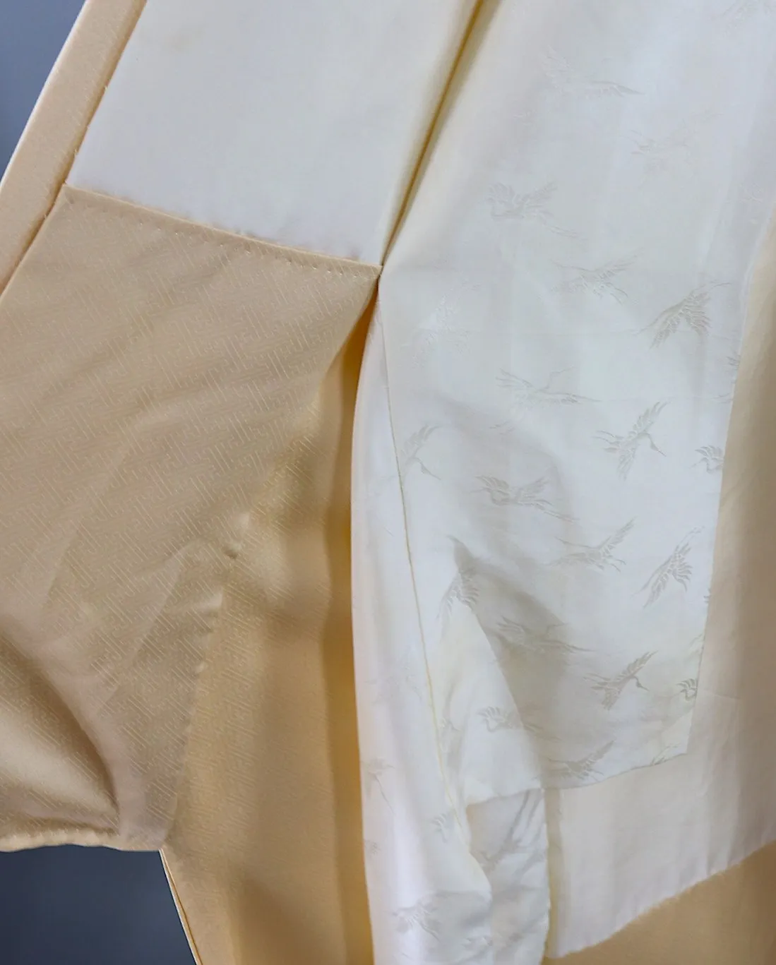 Vintage Silk Kimono Robe / Gold Mimosa and Crane Bird Print