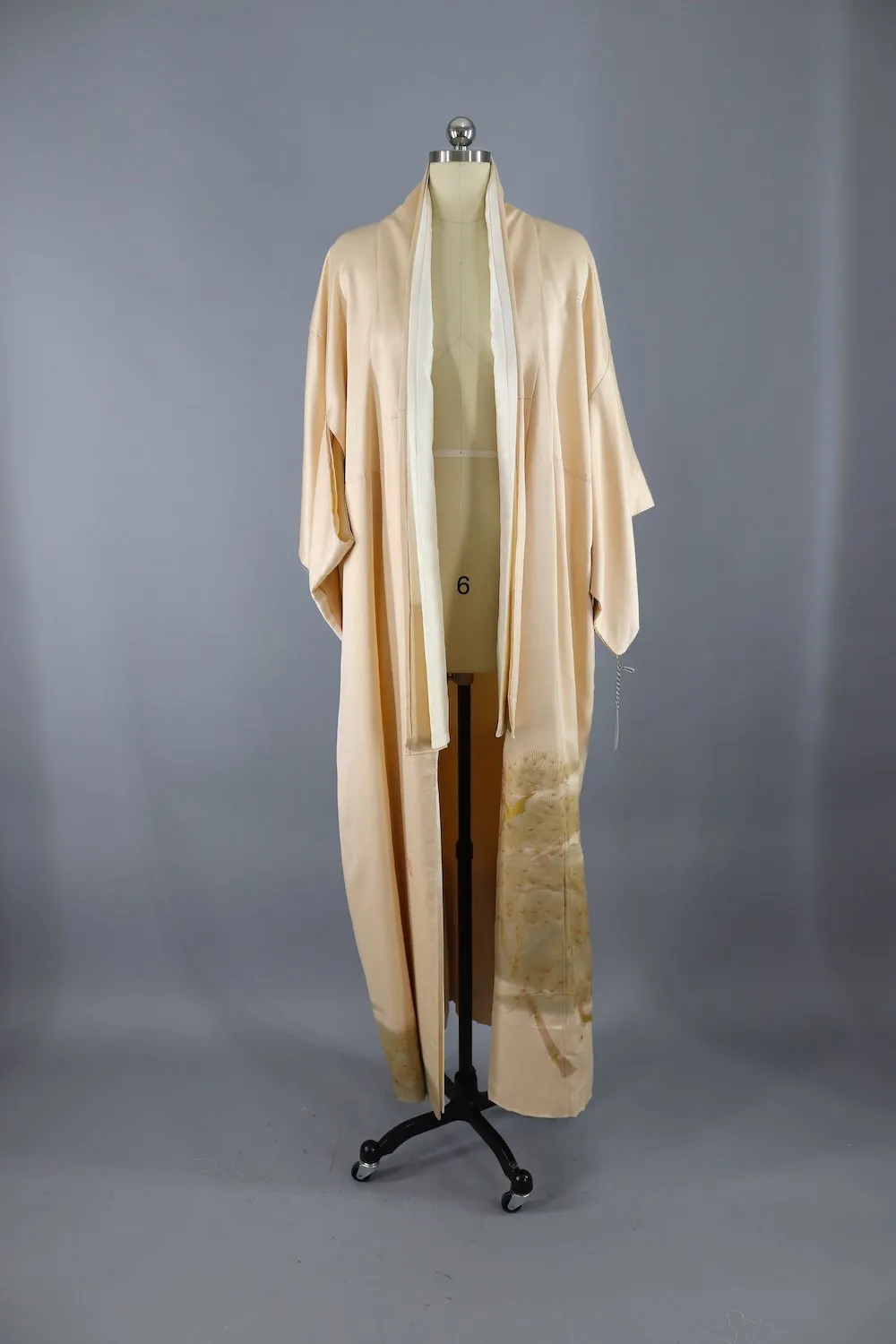Vintage Silk Kimono Robe / Gold Mimosa and Crane Bird Print