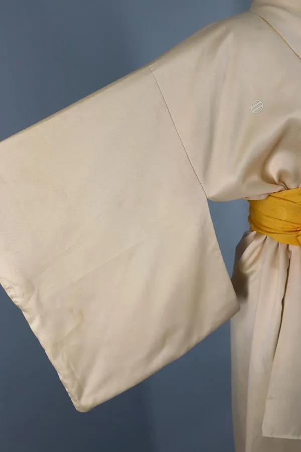 Vintage Silk Kimono Robe / Gold Mimosa and Crane Bird Print