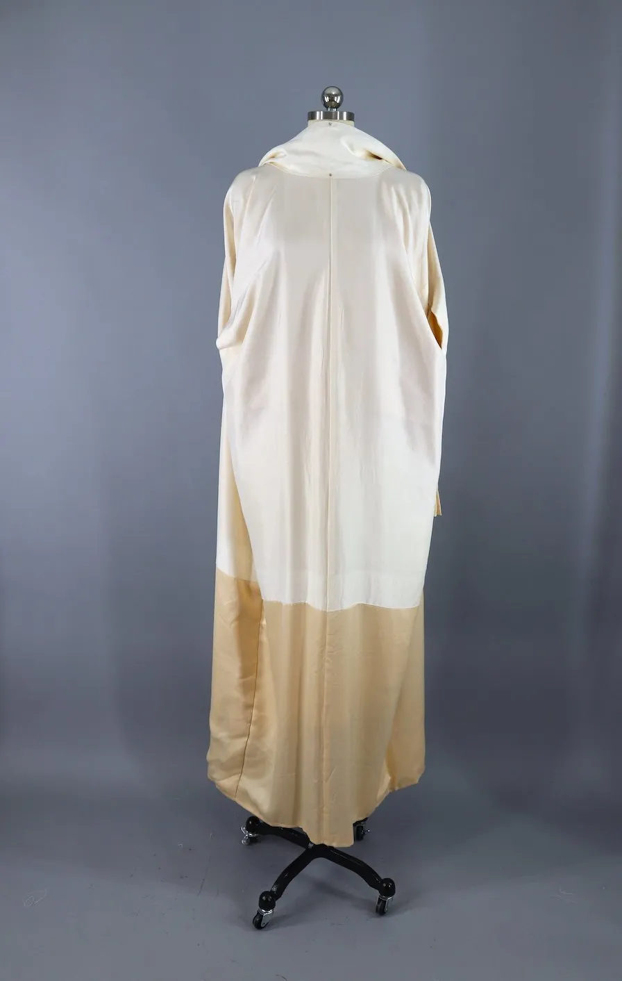 Vintage Silk Kimono Robe / Gold Mimosa and Crane Bird Print