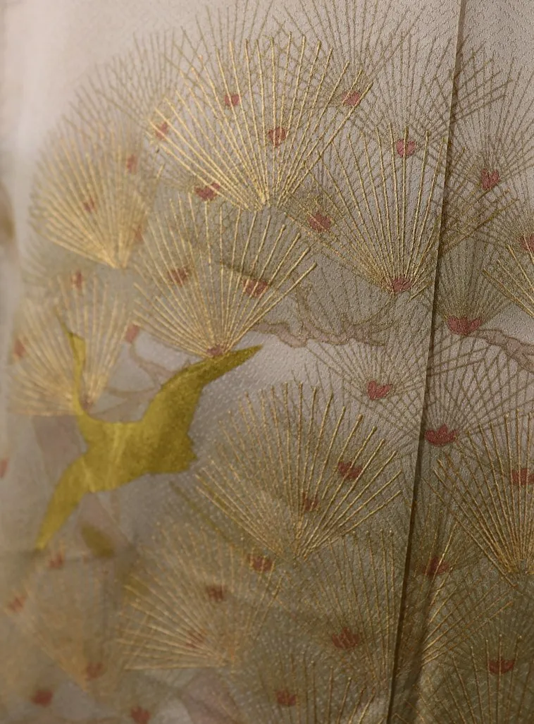 Vintage Silk Kimono Robe / Gold Mimosa and Crane Bird Print