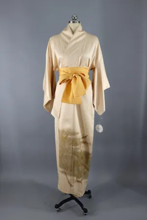 Vintage Silk Kimono Robe / Gold Mimosa and Crane Bird Print