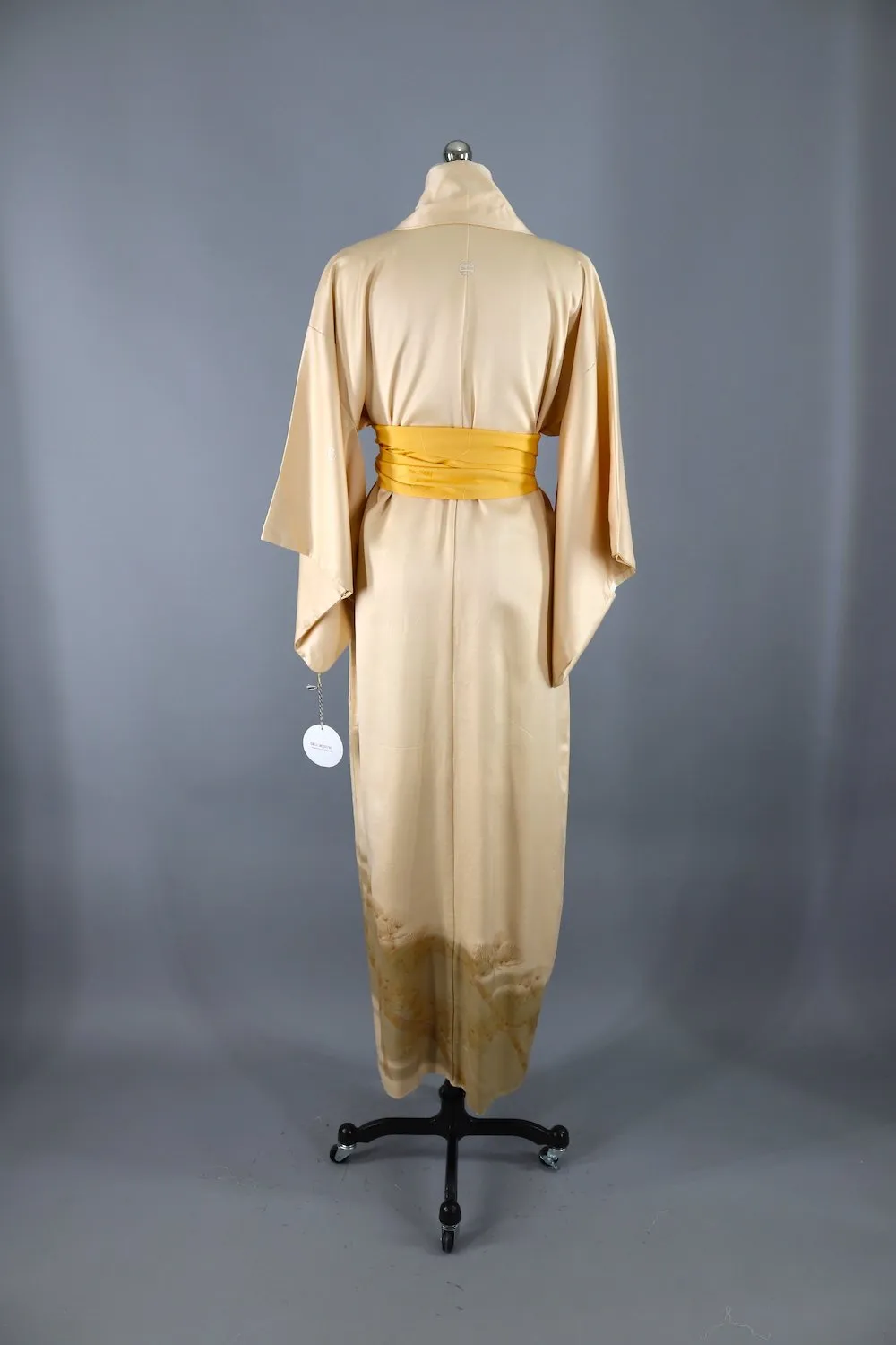Vintage Silk Kimono Robe / Gold Mimosa and Crane Bird Print
