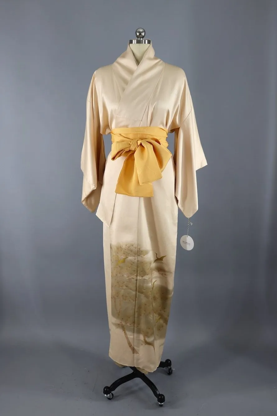 Vintage Silk Kimono Robe / Gold Mimosa and Crane Bird Print
