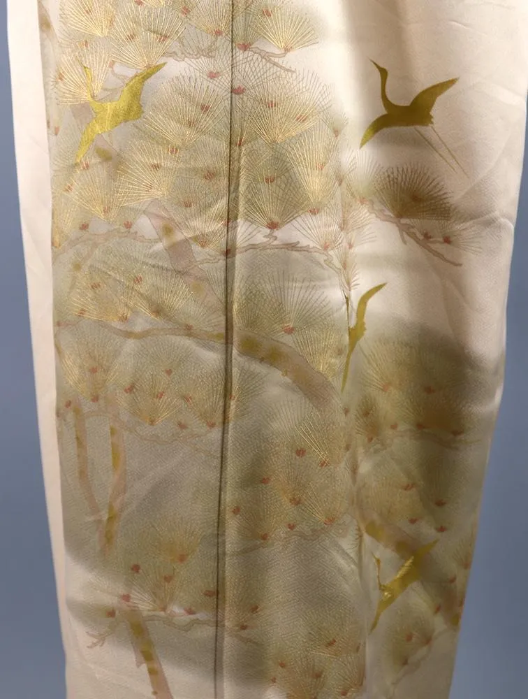 Vintage Silk Kimono Robe / Gold Mimosa and Crane Bird Print