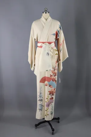 Vintage Silk Kimono Robe / Ivory and Pink Fans