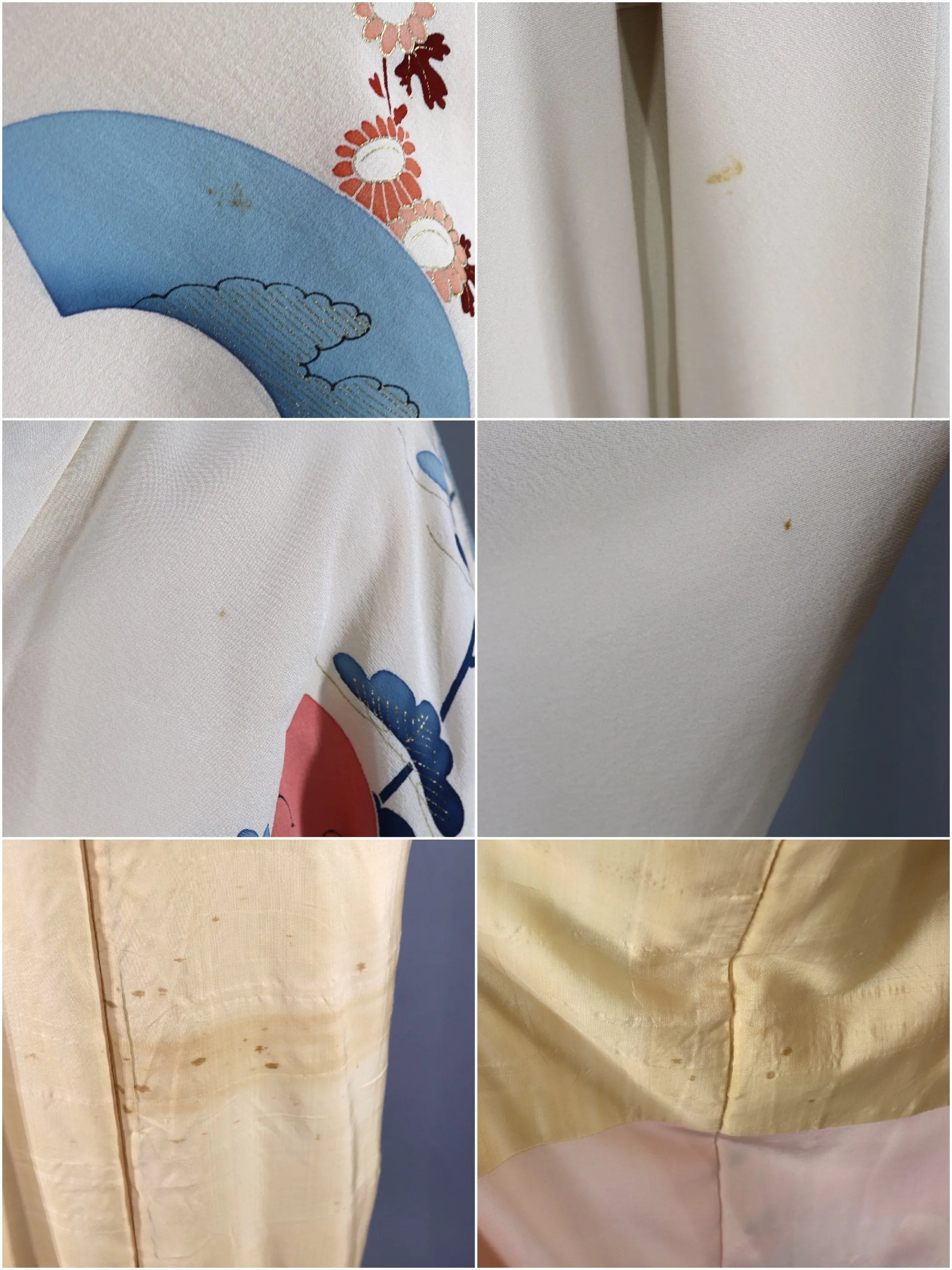 Vintage Silk Kimono Robe / Ivory and Pink Fans