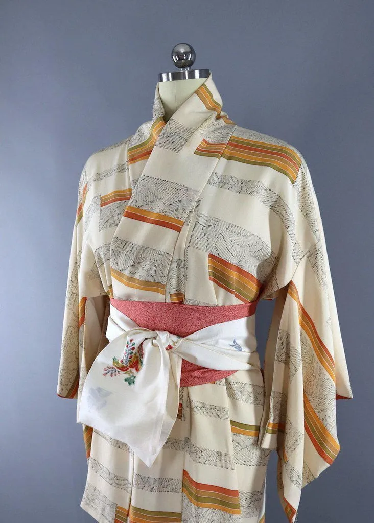 Vintage Silk Kimono Robe / Ivory Orange and Green Stripes