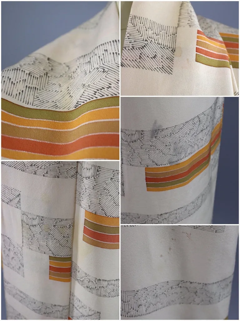 Vintage Silk Kimono Robe / Ivory Orange and Green Stripes