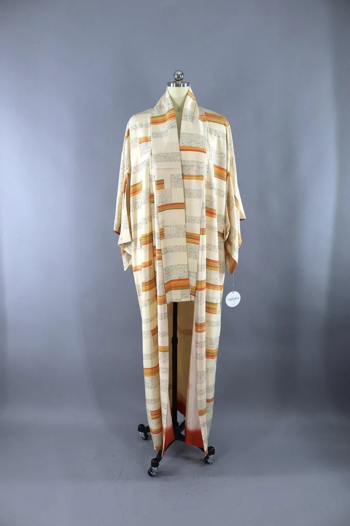 Vintage Silk Kimono Robe / Ivory Orange and Green Stripes