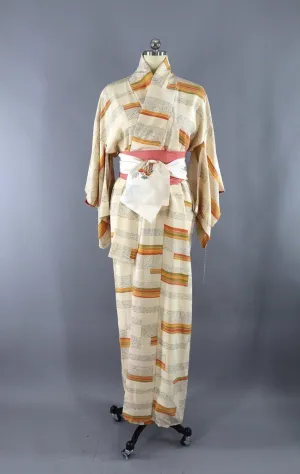 Vintage Silk Kimono Robe / Ivory Orange and Green Stripes