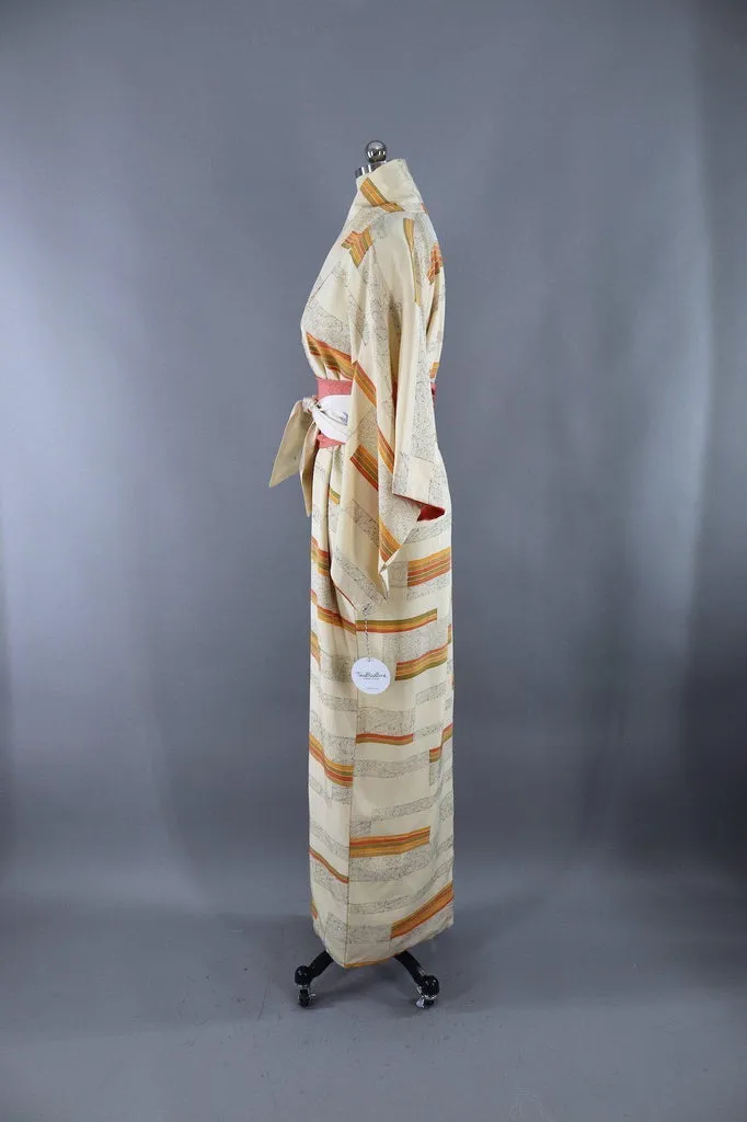 Vintage Silk Kimono Robe / Ivory Orange and Green Stripes