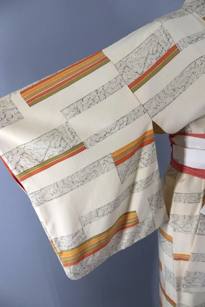 Vintage Silk Kimono Robe / Ivory Orange and Green Stripes