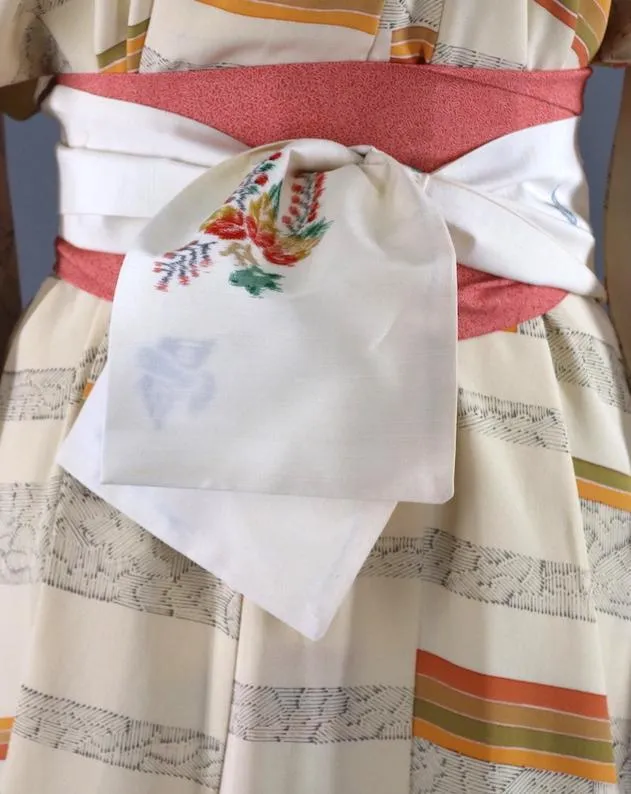 Vintage Silk Kimono Robe / Ivory Orange and Green Stripes