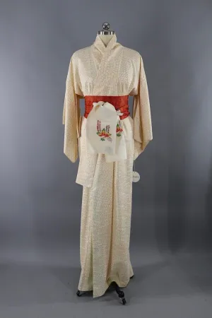 Vintage Silk Kimono Robe / Ivory Orange Hex Hexagon Print