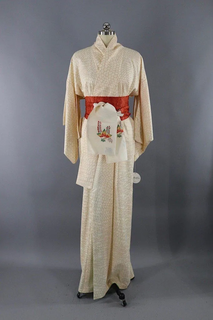 Vintage Silk Kimono Robe / Ivory Orange Hex Hexagon Print