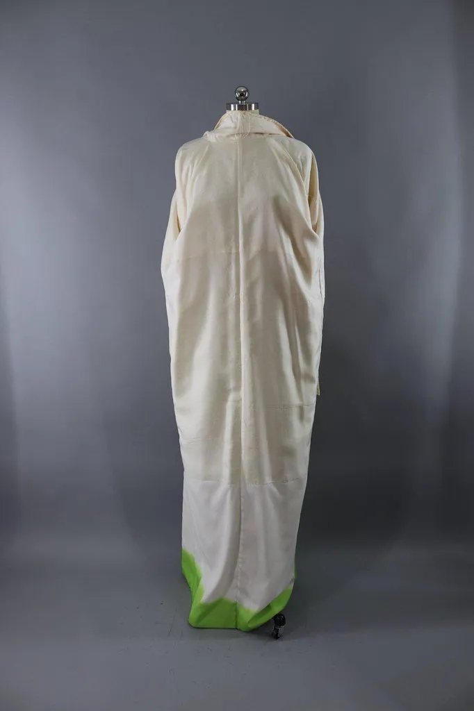 Vintage Silk Kimono Robe / Ivory Orange Hex Hexagon Print