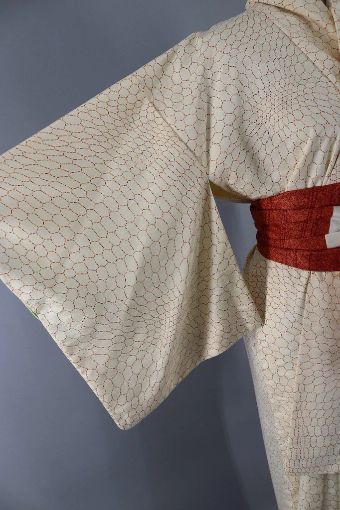 Vintage Silk Kimono Robe / Ivory Orange Hex Hexagon Print