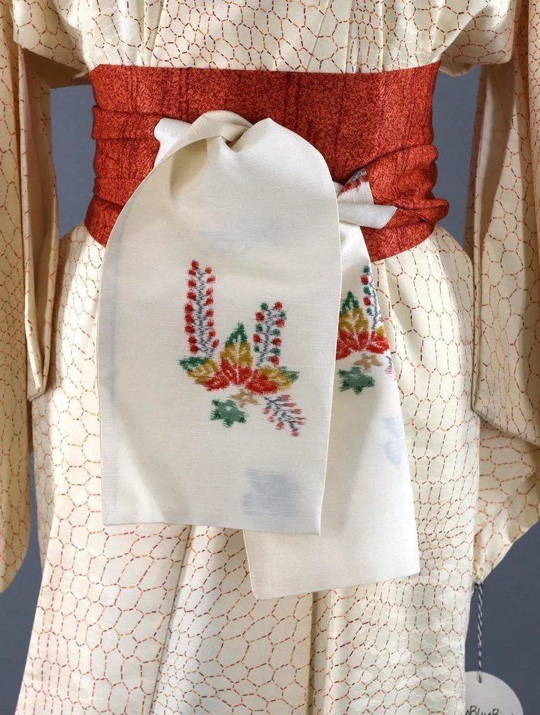 Vintage Silk Kimono Robe / Ivory Orange Hex Hexagon Print