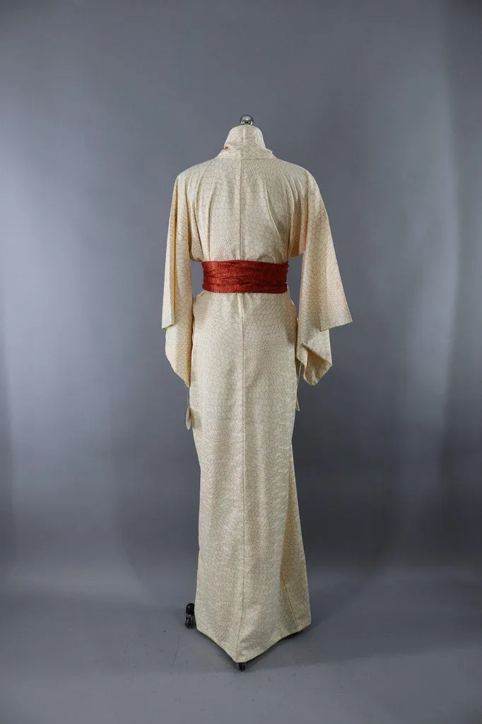 Vintage Silk Kimono Robe / Ivory Orange Hex Hexagon Print