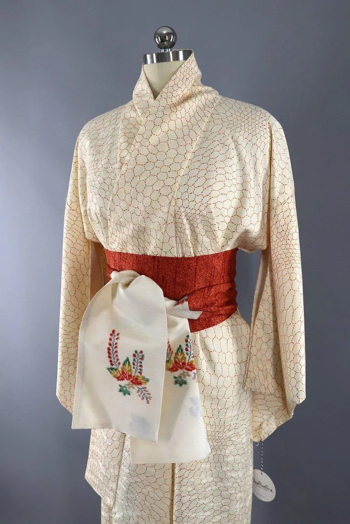 Vintage Silk Kimono Robe / Ivory Orange Hex Hexagon Print