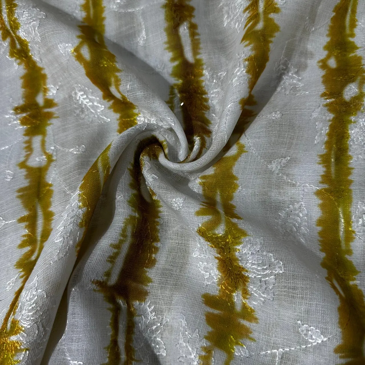 White & Yellow Shibori Embroidery Linen Fabric 12920