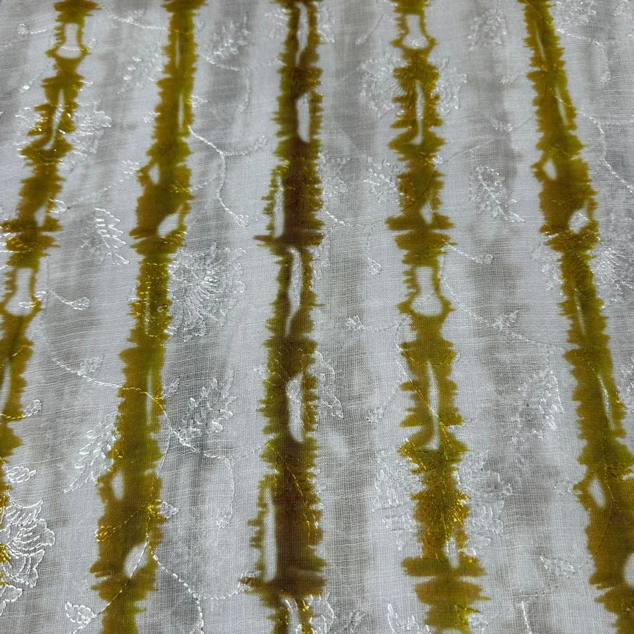 White & Yellow Shibori Embroidery Linen Fabric 12920