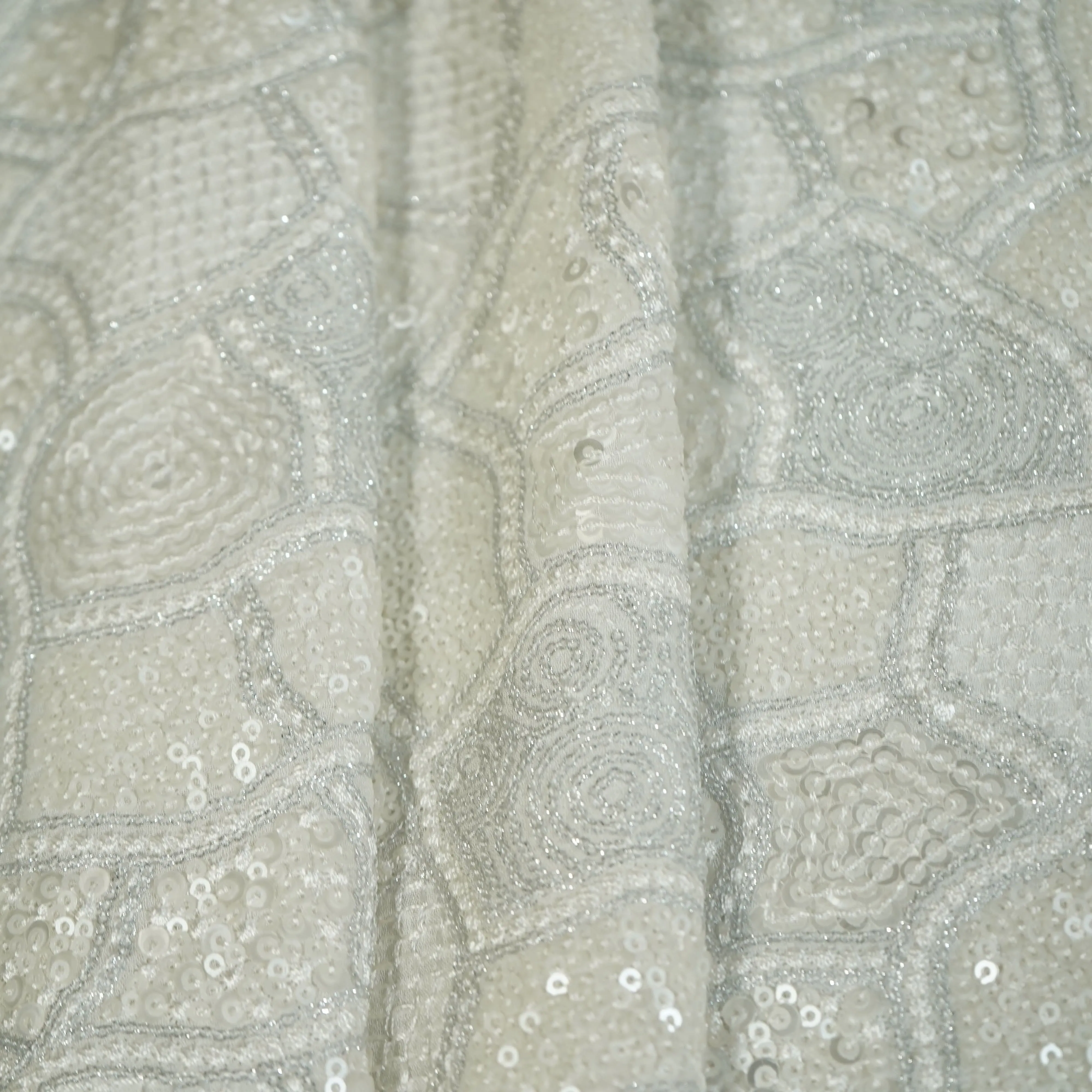 White Traditional Sequence Embroidery Georgette Fabric 9083