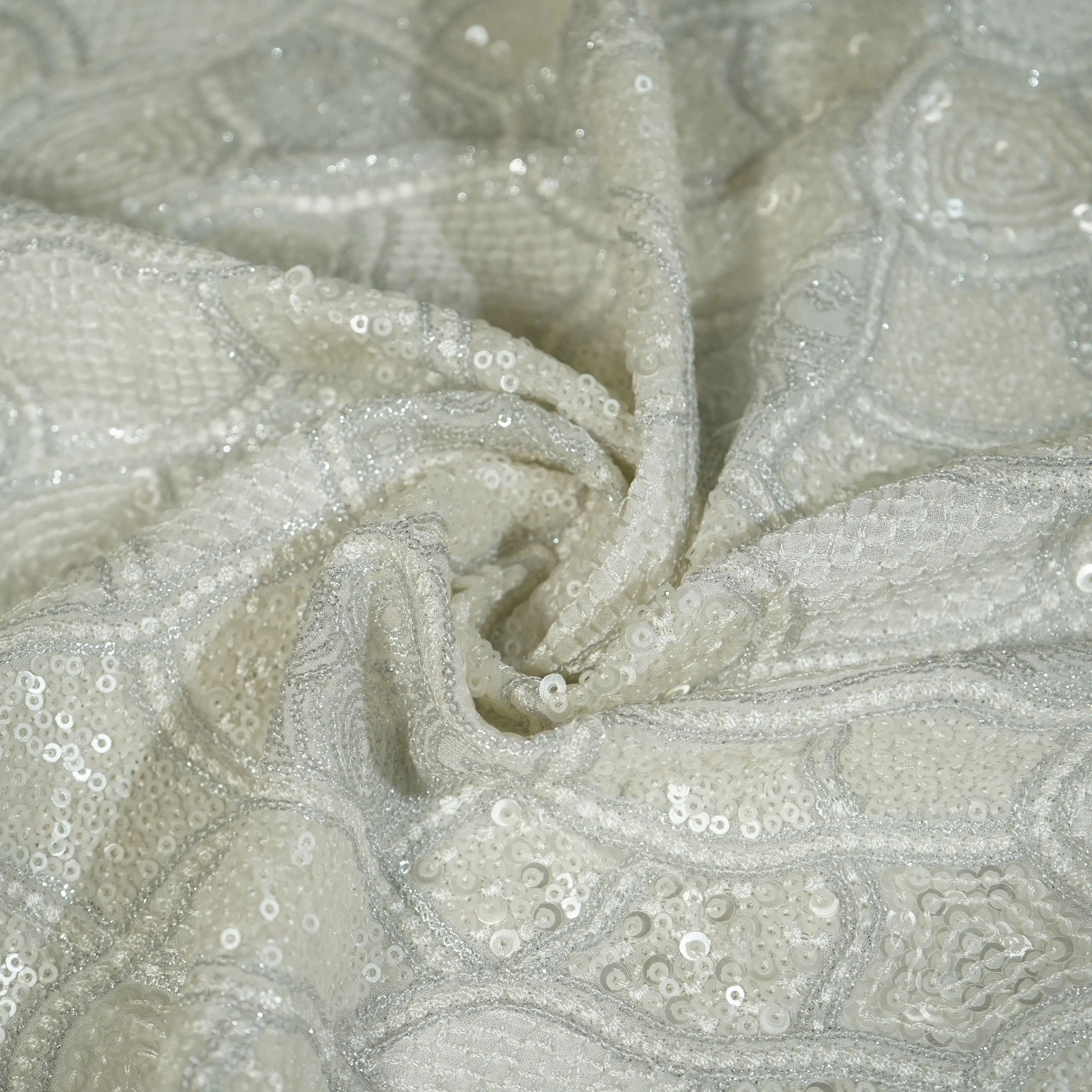 White Traditional Sequence Embroidery Georgette Fabric 9083