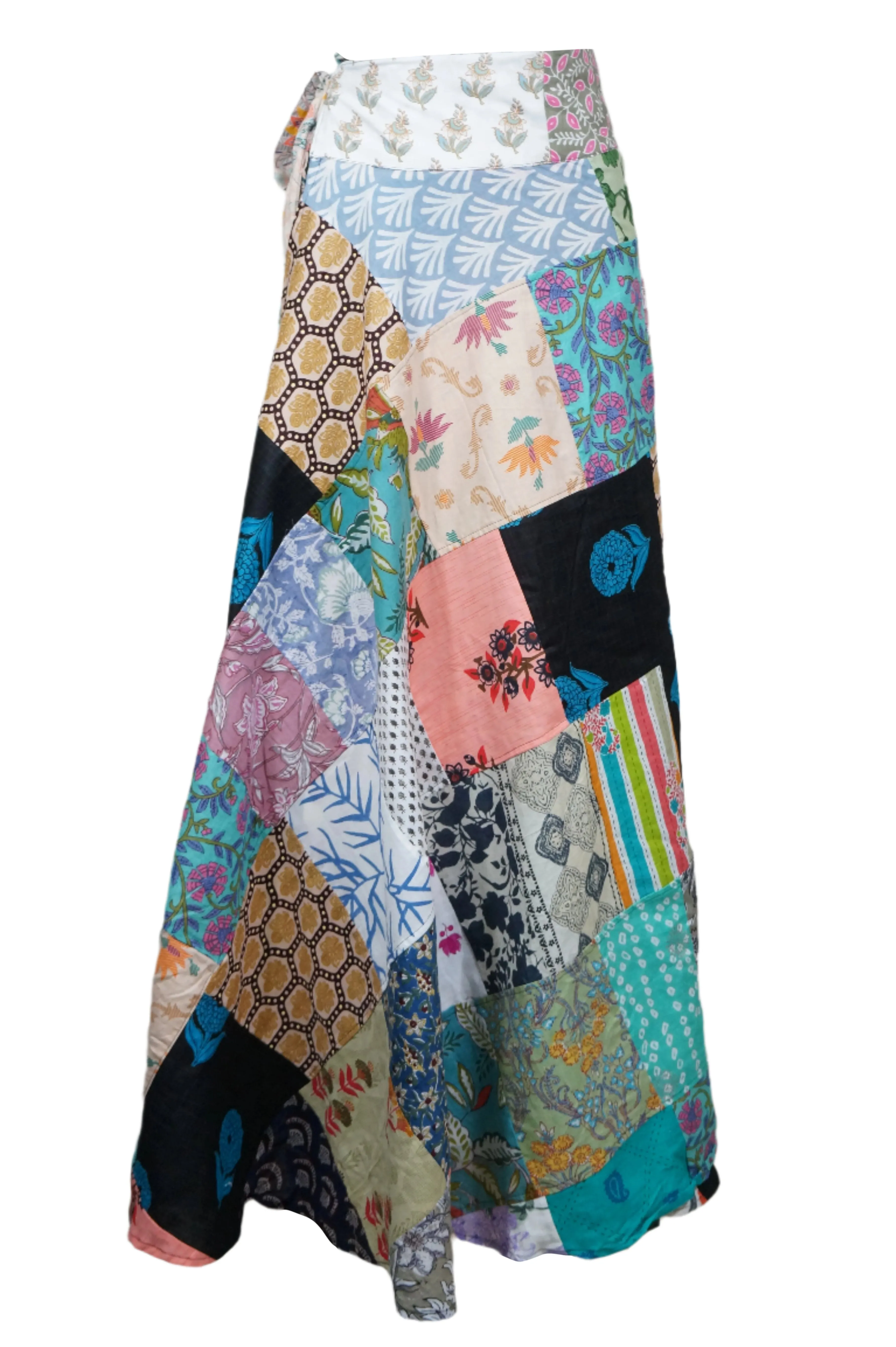 Women Hippie Skirt Sea Blue Floral Patchwork Cotton Boho Beach Cover Up
