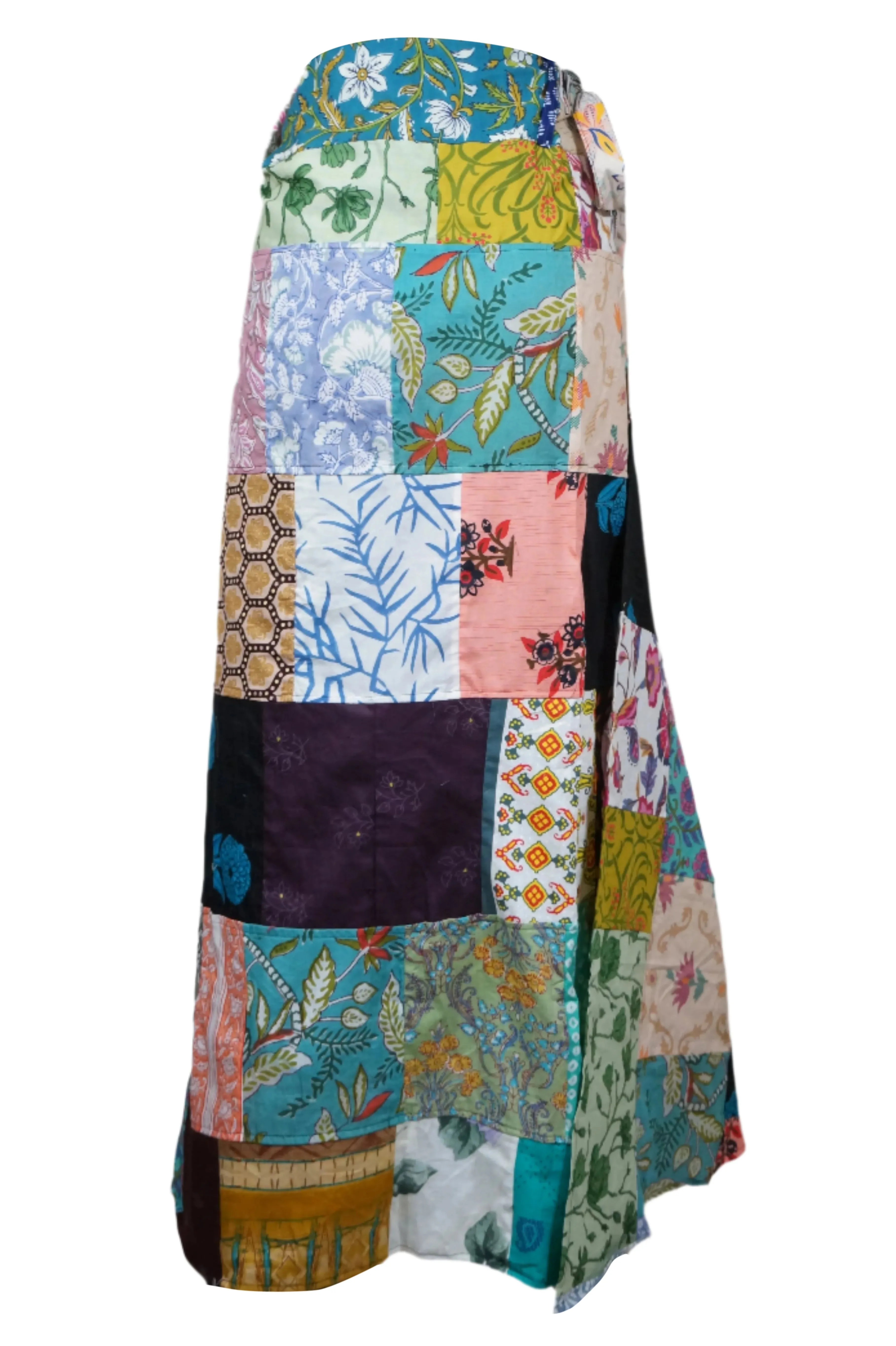 Women Hippie Skirt Sea Blue Floral Patchwork Cotton Boho Beach Cover Up