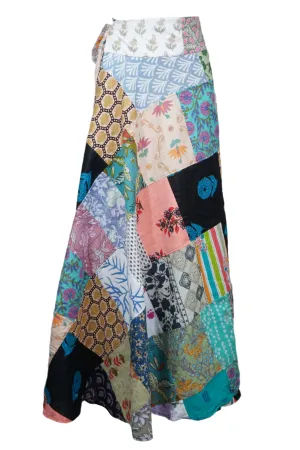 Women Hippie Skirt Sea Blue Floral Patchwork Cotton Boho Beach Cover Up