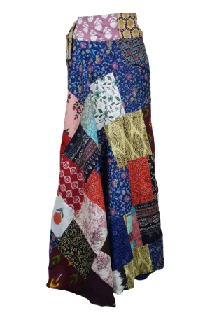 Women Stylish Blue Multicolor Floral Skirt Patchwork Bohemian Cotton Wrap Skirt One size