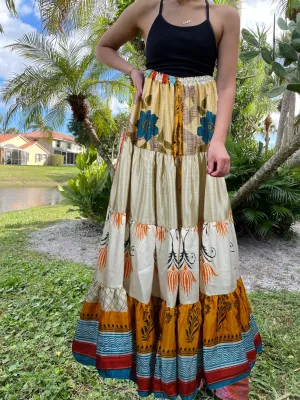 Women's Skirt  Beige, Blue Floral Maxi Skirt Patchwork Boho Skirts S/M