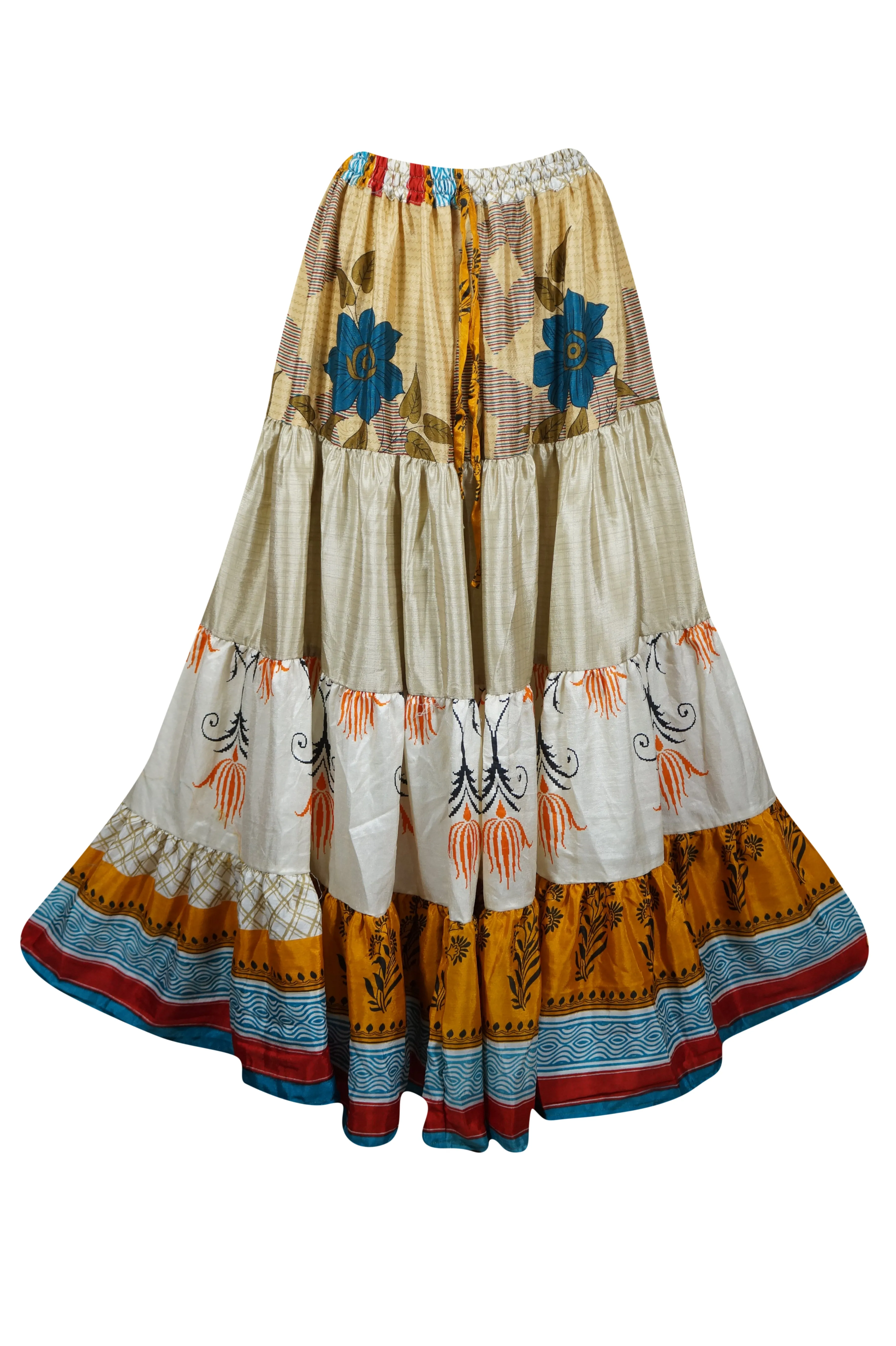 Women's Skirt  Beige, Blue Floral Maxi Skirt Patchwork Boho Skirts S/M