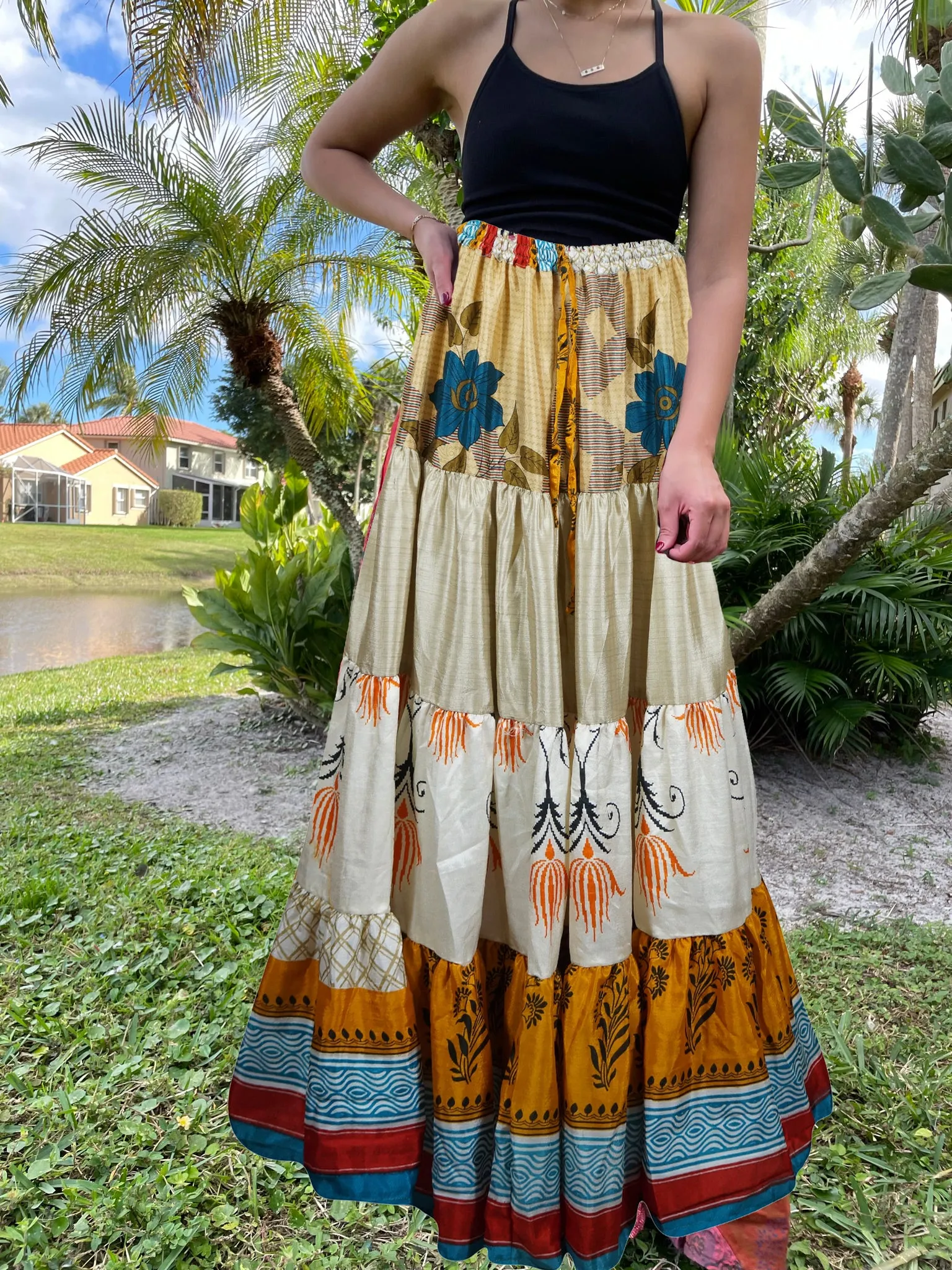 Women's Skirt  Beige, Blue Floral Maxi Skirt Patchwork Boho Skirts S/M