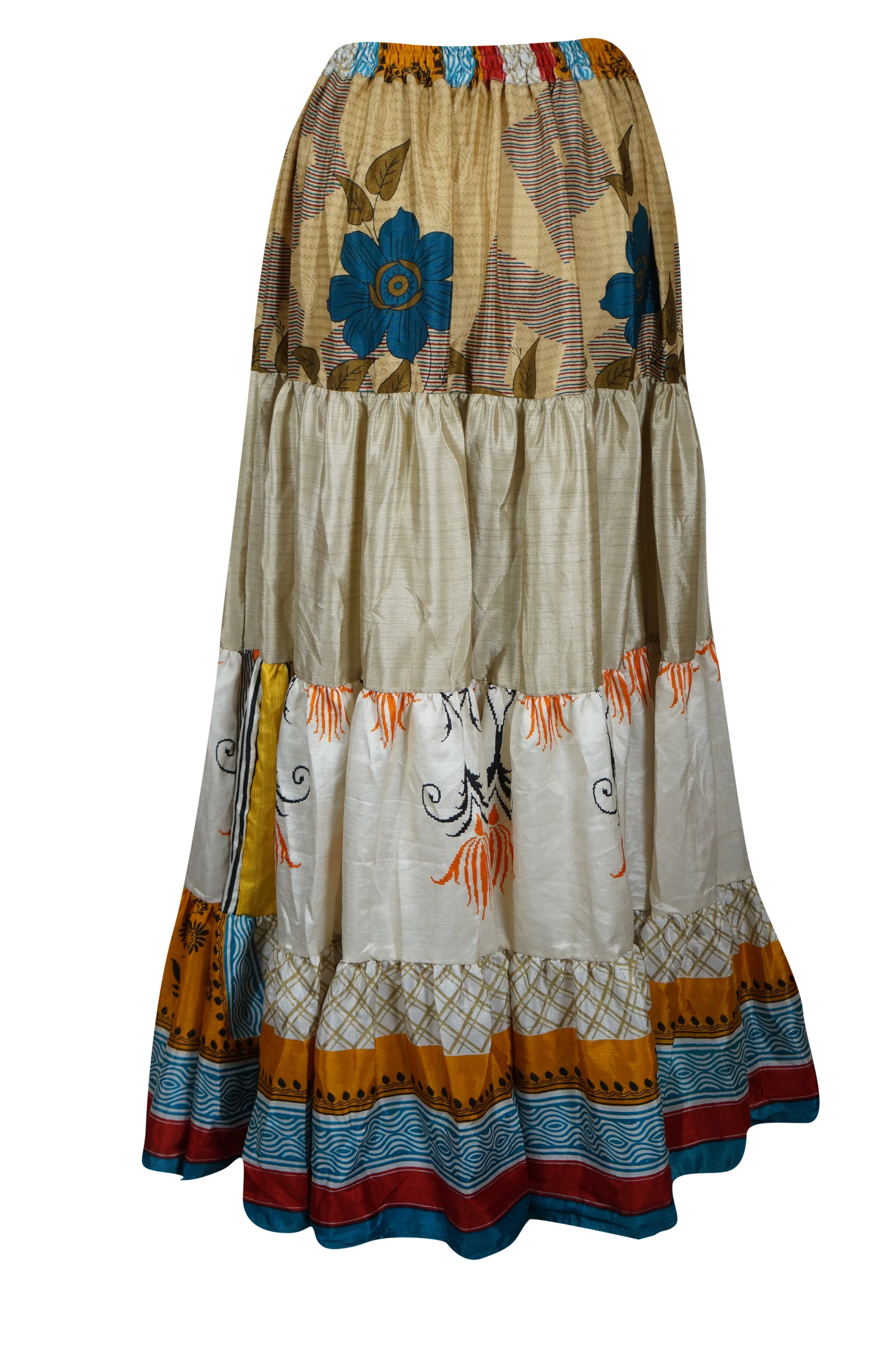 Women's Skirt  Beige, Blue Floral Maxi Skirt Patchwork Boho Skirts S/M